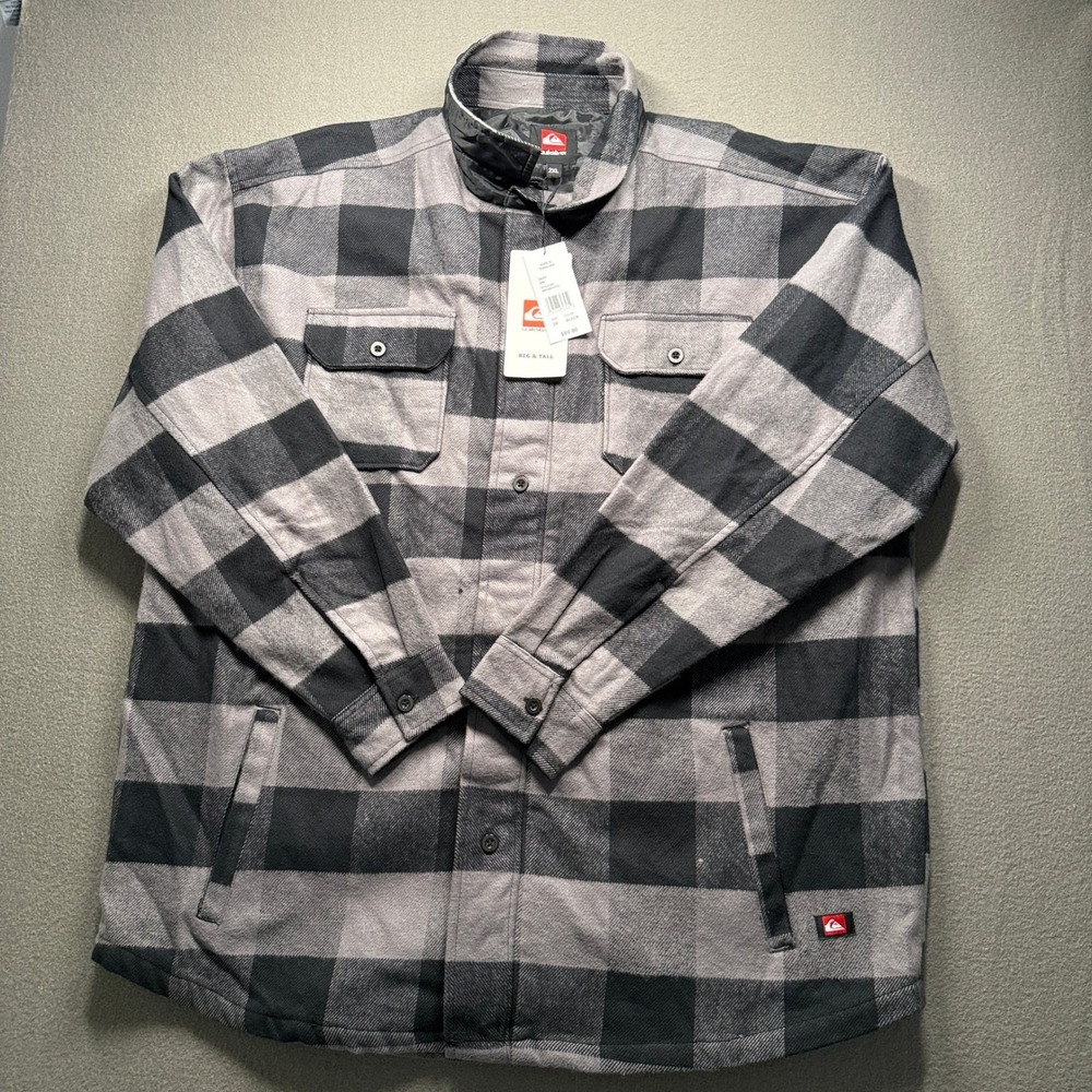 Quiksilver Shirt Jacket Men 2X Black Grey Plaid Quilted Flannel QSFZSHT01KL